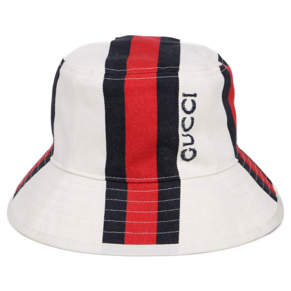 GUCCI 788561 4HBAG Web Stripe Bucket Hat, Size M (58cm), White, Men's